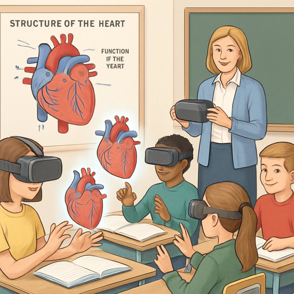 A classroom setting where students use virtual reality tools to learn about the structure and function of the human heart. Students using VR to study heart functions in a classroom.