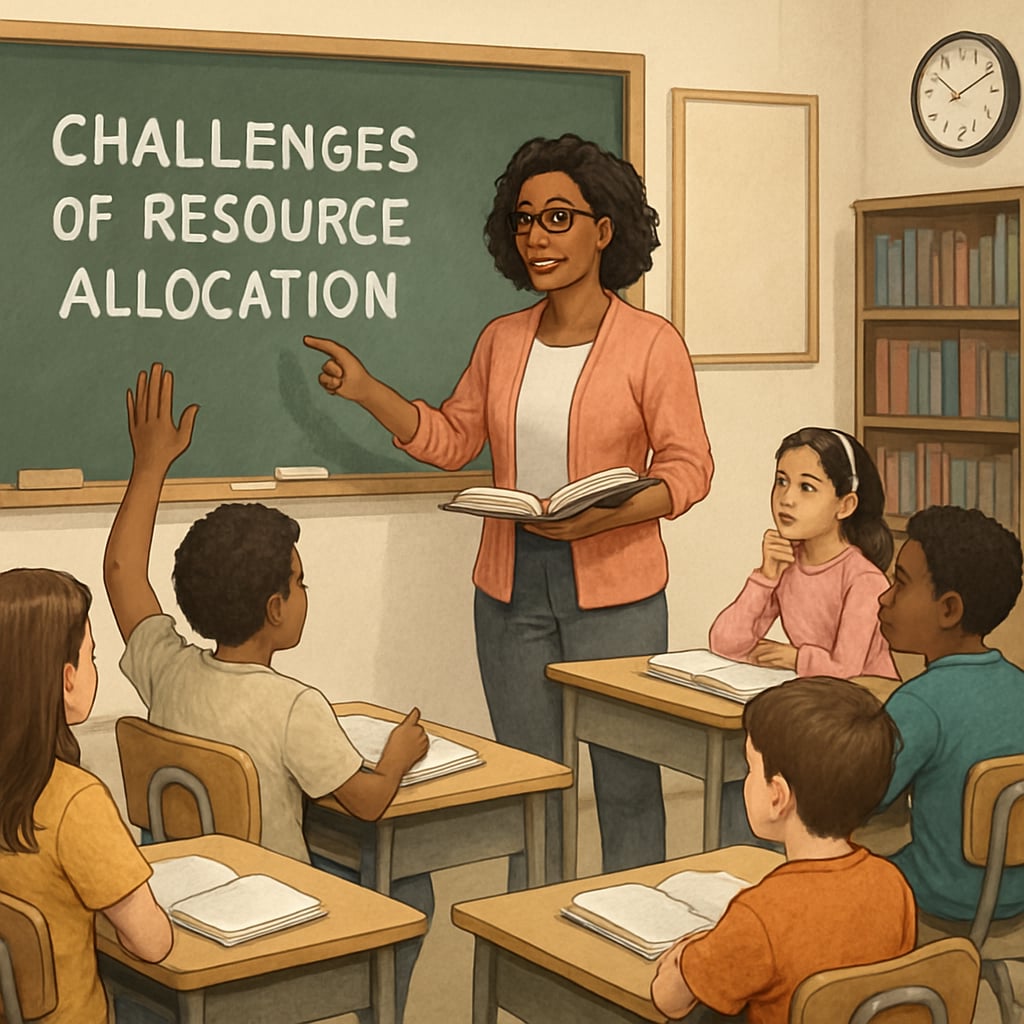 A teacher instructing a diverse group of students in a public school classroom, illustrating resource allocation challenges. Public school teacher working with students, highlighting education voucher impacts.