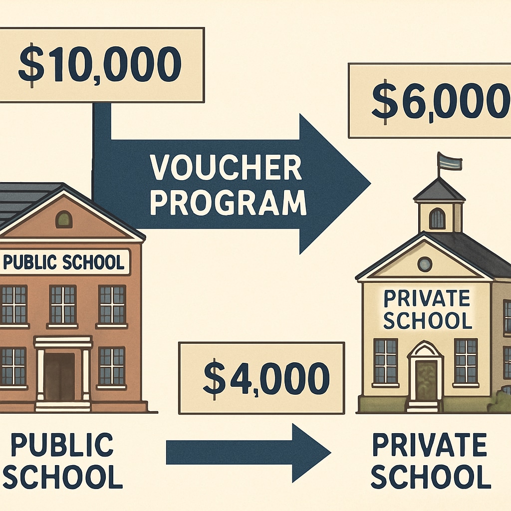 An illustration depicting the flow of funds from public schools to private schools through voucher programs, highlighting the financial impact. Illustration of school voucher impact on public and private school funding