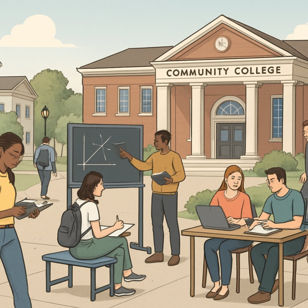 A contrasting visual of a community college with engaged students, symbolizing alternative educational paths. Community college with engaged students, highlighting alternative educational paths