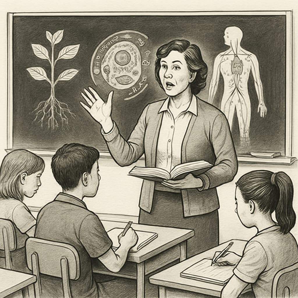 A passionate science teacher explaining biological concepts to a classroom of attentive students. Science teacher explaining biology to students, representing career transition into education.