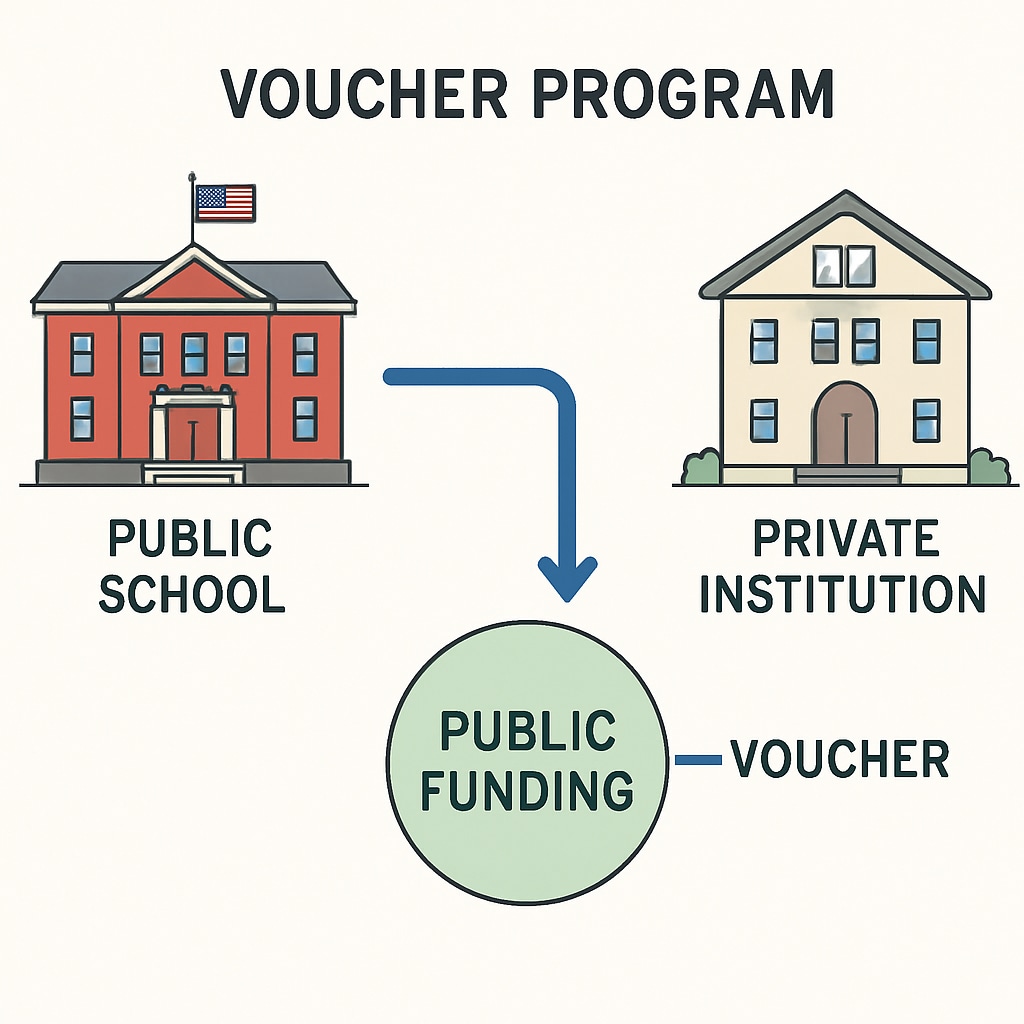 A conceptual graphic showing the flow of public funding from traditional public schools to private institutions through voucher programs. Diagram of public funding redistribution caused by education vouchers.