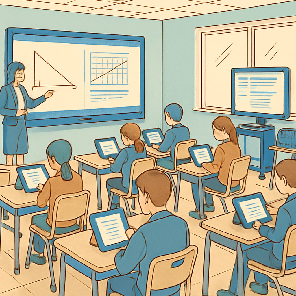 A classroom equipped with modern technology, showcasing public schools' efforts to innovate and compete with private institutions. Classroom with modern technology used by students and teachers in a public school