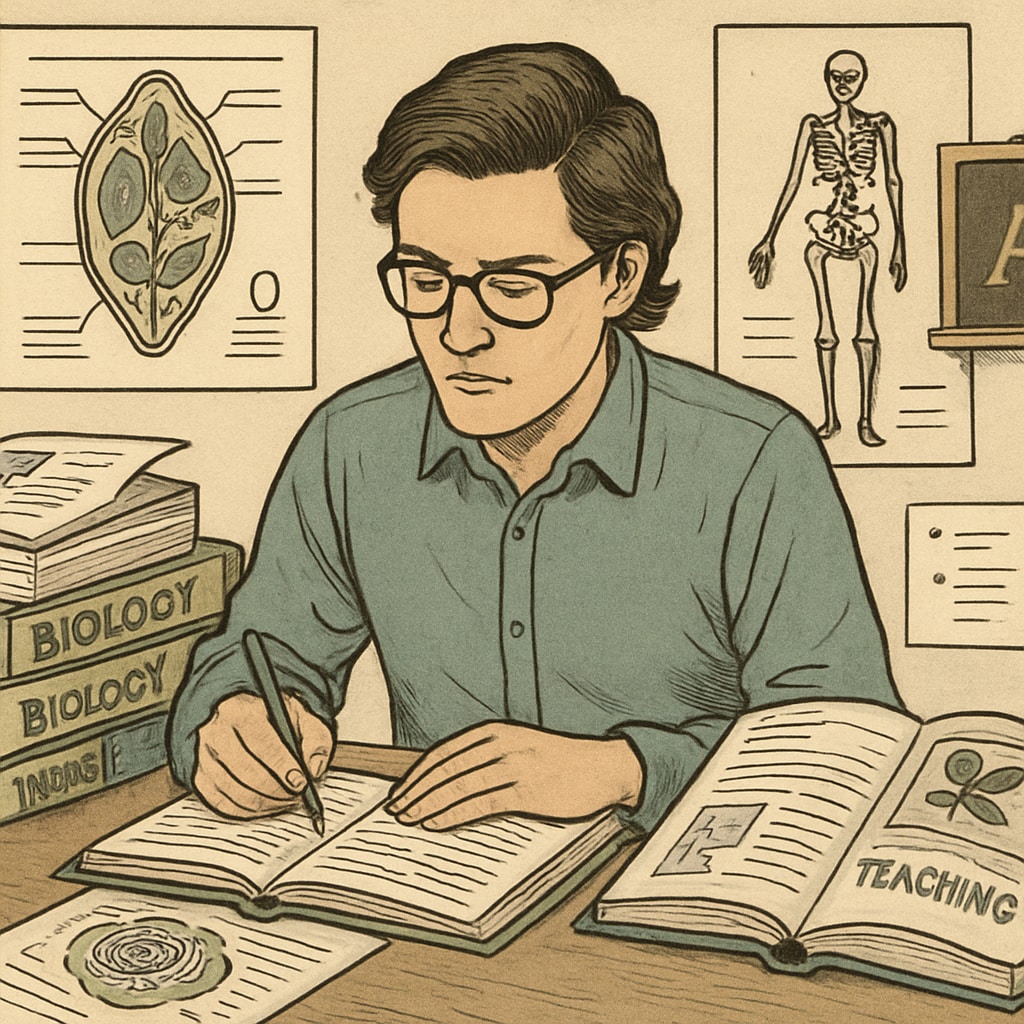 A graduate student studying educational pedagogy with biology textbooks and teaching materials at hand. Graduate student preparing for a teaching career, illustrating biology to education transition.