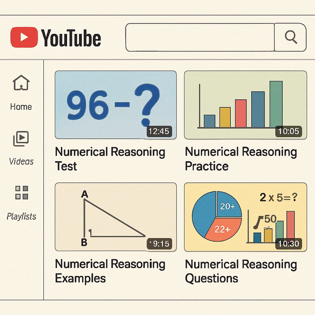 A YouTube channel screenshot showing math tutorials focused on numerical reasoning tests, with engaging thumbnails and clear titles. Screenshot of a YouTube channel offering math test preparation tutorials.