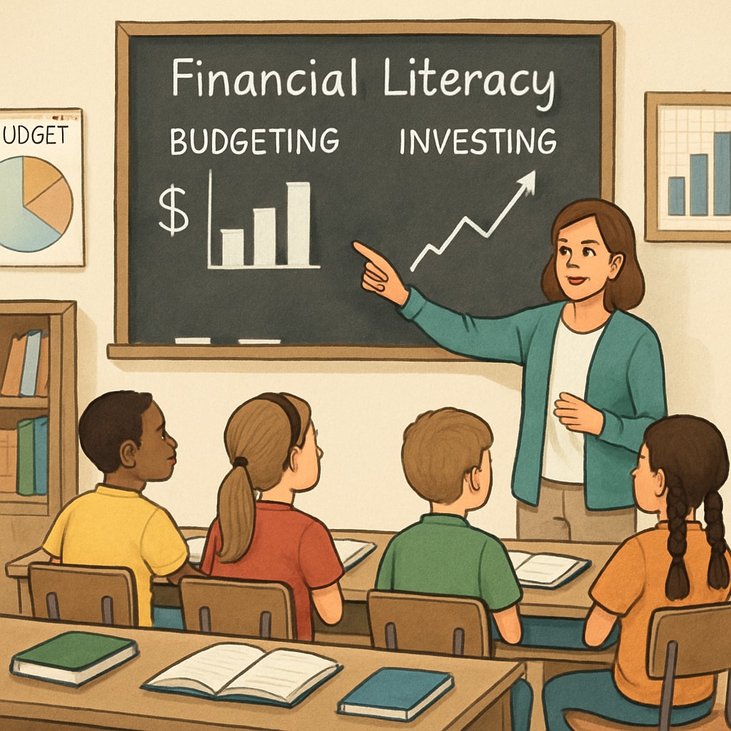 A classroom with students learning financial literacy concepts, such as budgeting and investing. Students learning financial literacy in a classroom setting