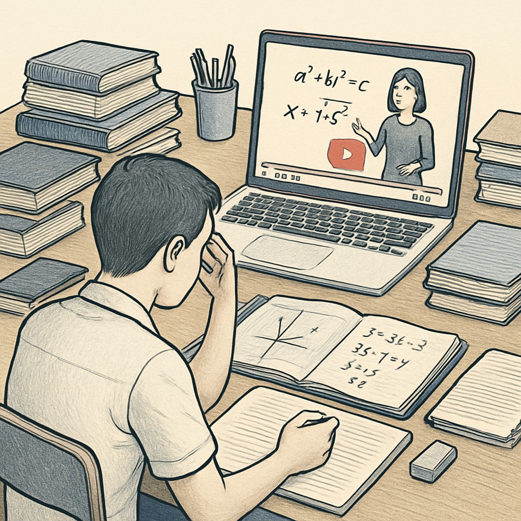 A student studying math problems on a laptop while watching a YouTube video, with books and notes spread across the desk. A student watching a YouTube math tutorial to prepare for a skills test.