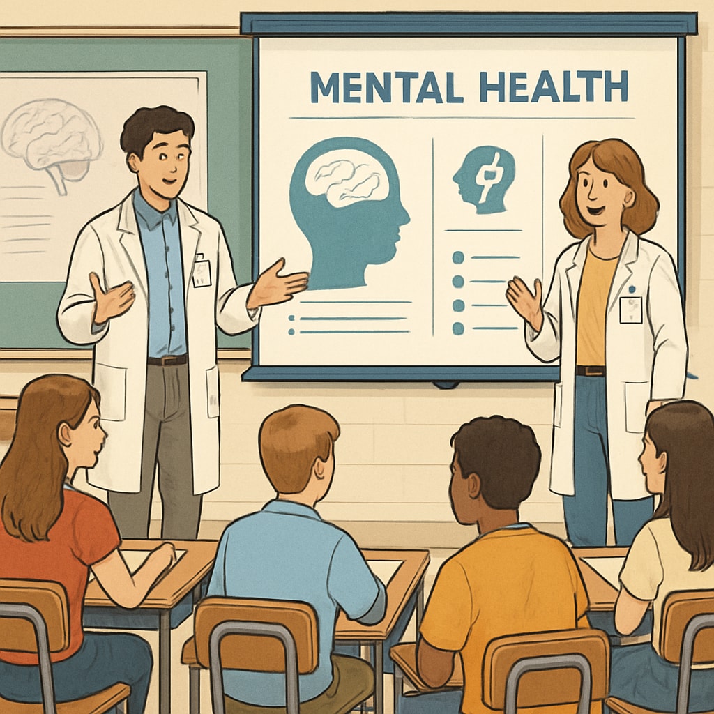 A classroom with medical students giving a mental health presentation to high school students. Medical students presenting mental health topics to high school students.