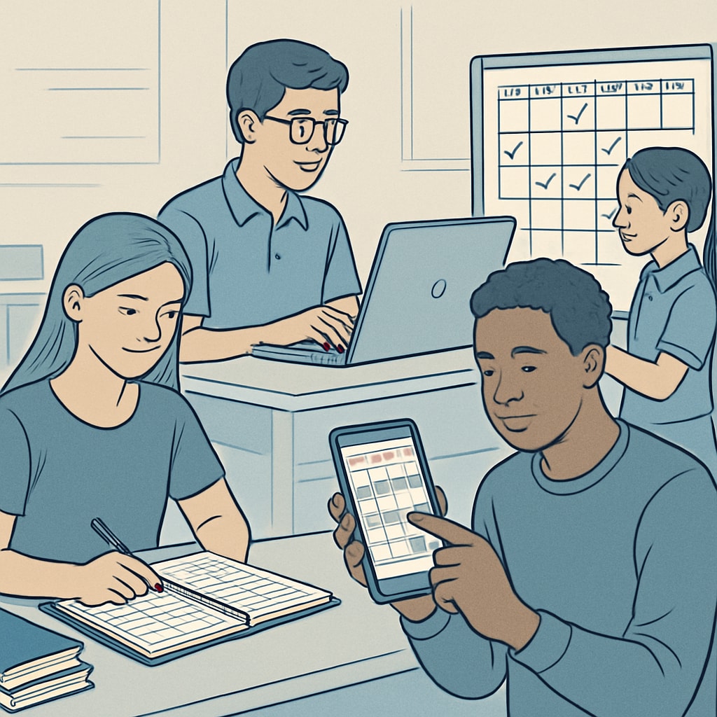 Students using planners or digital tools to organize their schedules effectively. Students practicing time management using planners