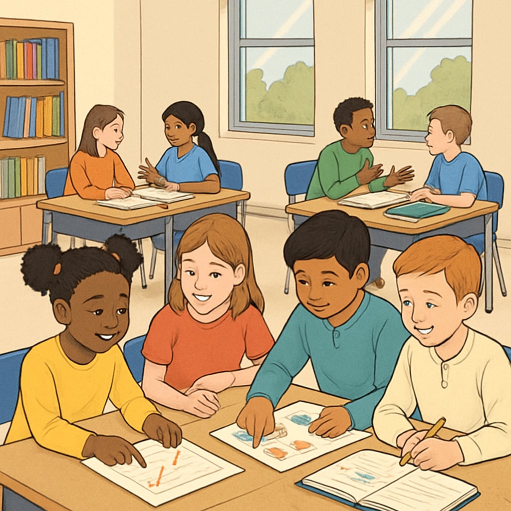 A classroom of diverse students engaging in group work, symbolizing equality-focused education. Diverse classroom of students working in groups, illustrating equality in education.
