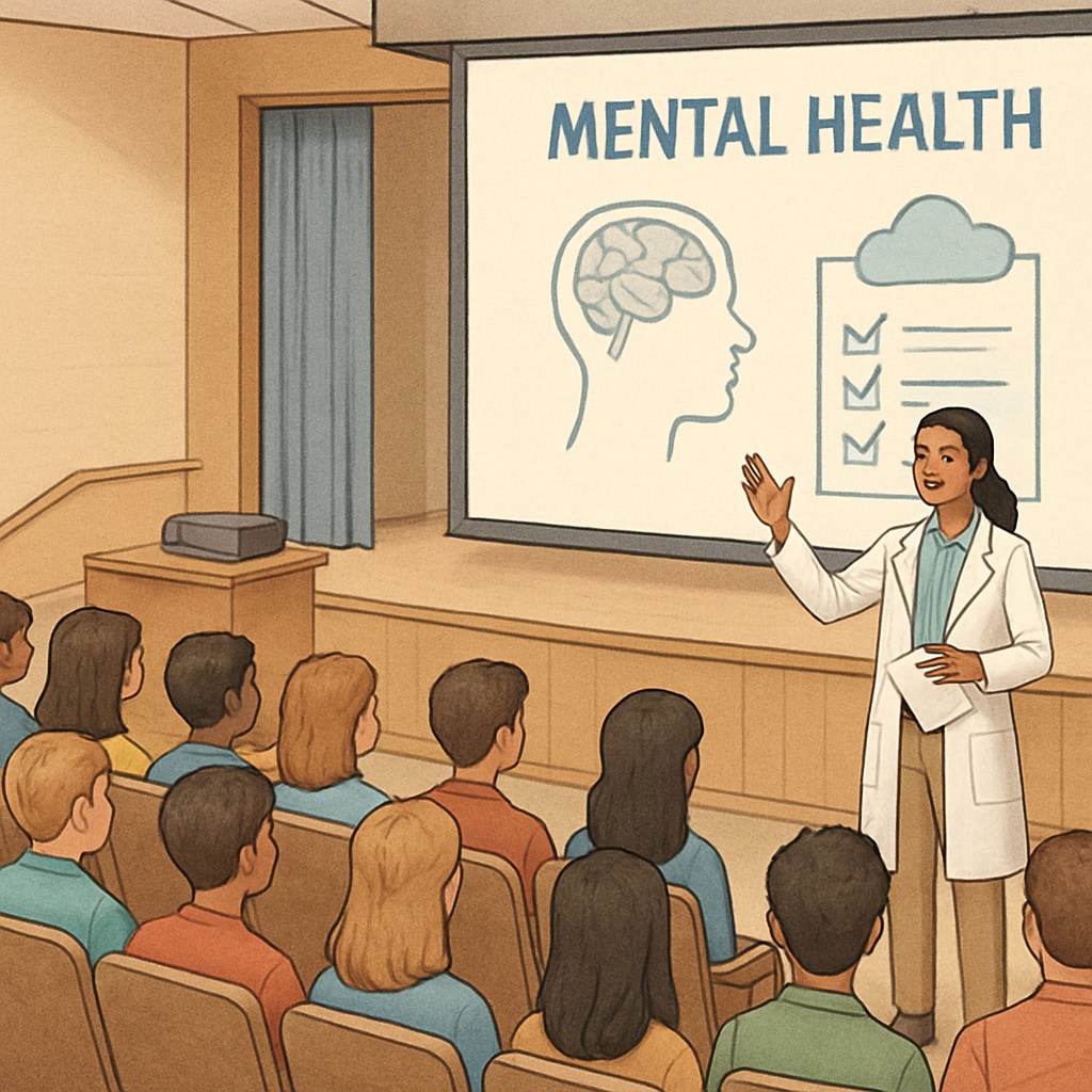 A high school auditorium filled with students listening to a medical student speak on mental health. High school students attentively listening to a mental health talk.