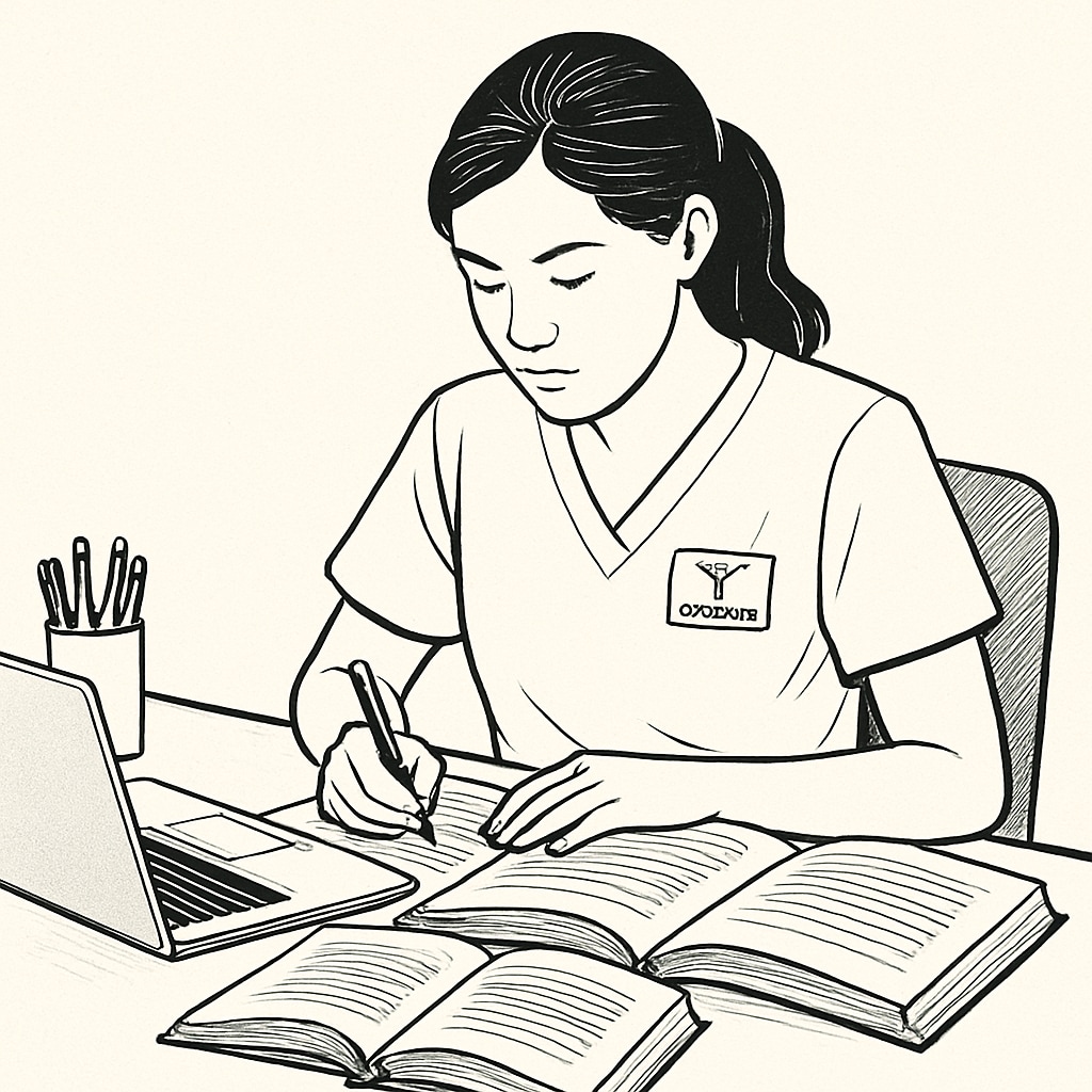 A nursing student studying with books and a laptop, symbolizing focus on academic excellence. Nursing student balancing studies with campus life.