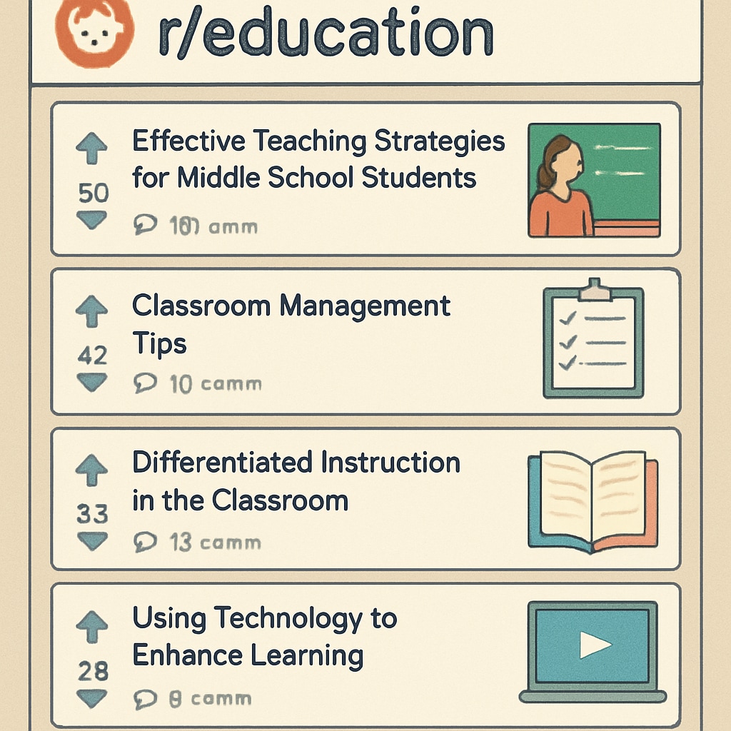 A screenshot of Reddit’s r/education subreddit homepage, showcasing posts about teaching strategies and classroom tools. Reddit r/education subreddit homepage with posts about teaching strategies and tools.