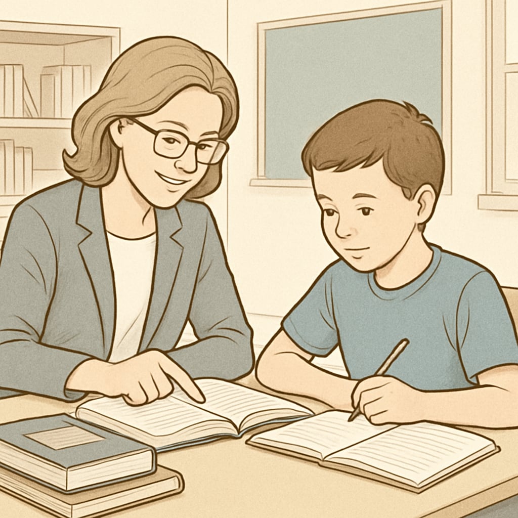 A teacher working one-on-one with a student, illustrating the focus on individualized instruction. Teacher assisting a student individually, showcasing personalized education efforts.