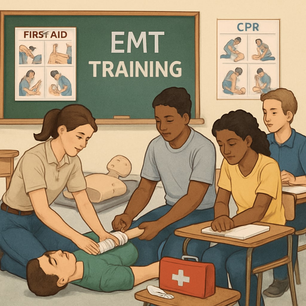Students practicing emergency response skills in a classroom, highlighting EMT training. EMT training session for nursing students.