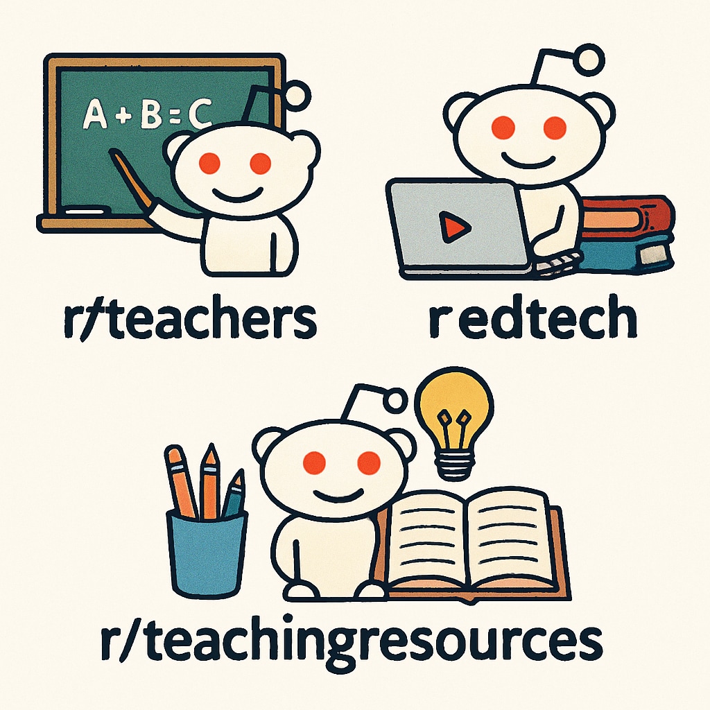 A compilation of subreddit logos such as r/teachers, r/edtech, and r/teachingresources, symbolizing the variety of topics. Logos of Reddit subreddits r/teachers, r/edtech, and r/teachingresources.