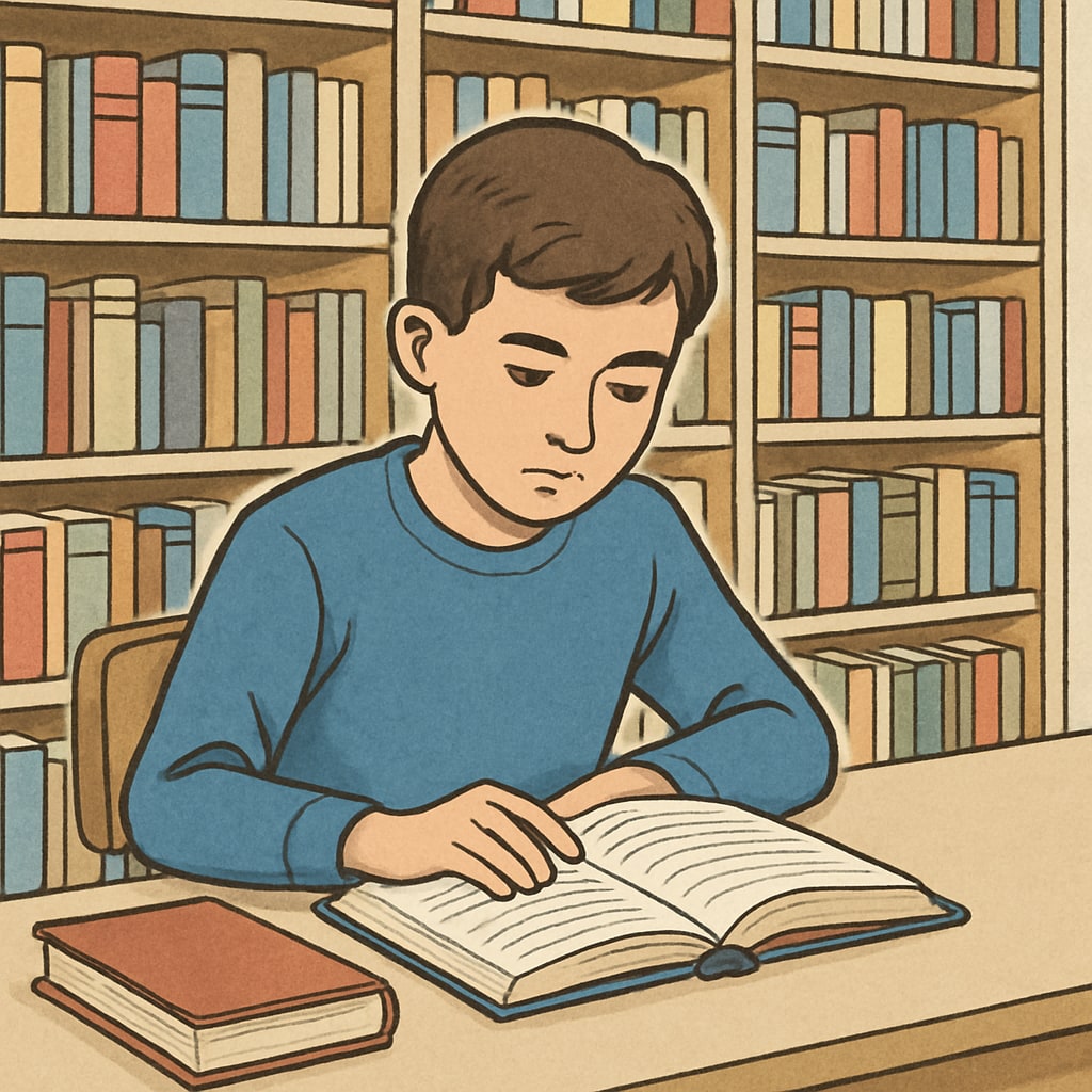 A young student reading a book at a library, with a look of concentration. Elementary student reading a book, representing reading comprehension activities.