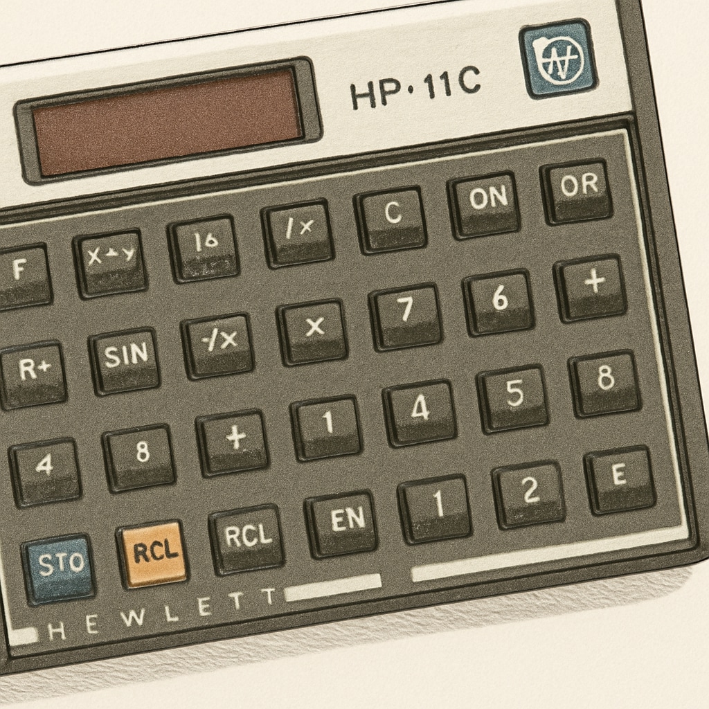 A close-up image of an HP 11c calculator, showcasing its keypad and unique RPN layout. HP 11c calculator with RPN layout for fostering mathematical thinking.