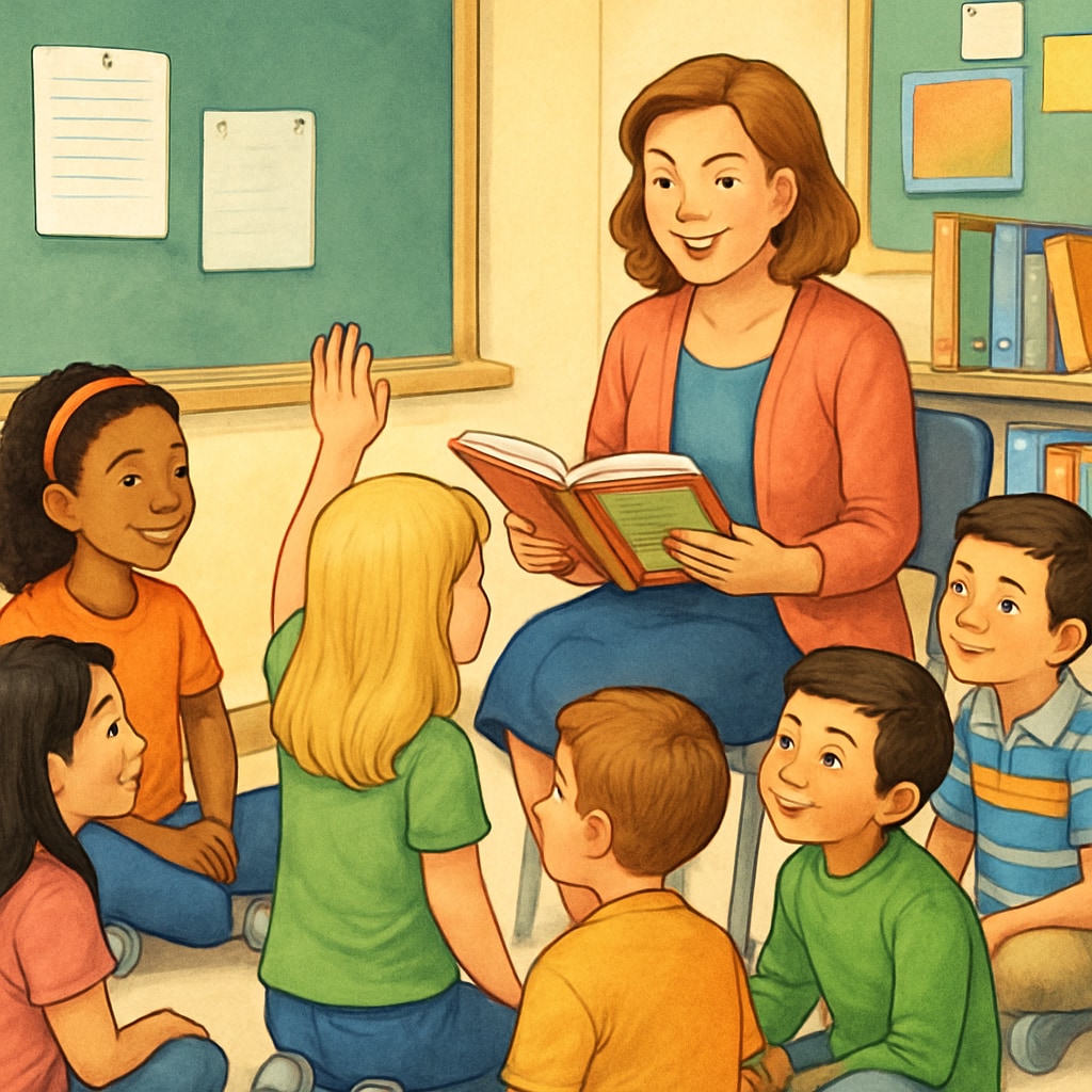A teacher leading a group discussion with elementary students about a book. Teacher and students discussing a book to encourage critical thinking about reading.