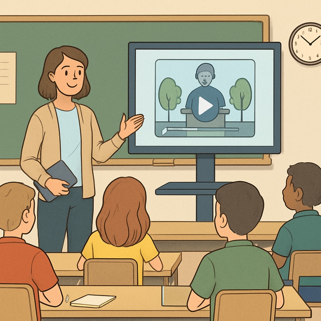 A teacher using a short video in a classroom setting, with students visibly engaged in the content. Classroom scene with students watching a short video, illustrating its use in K12 education.