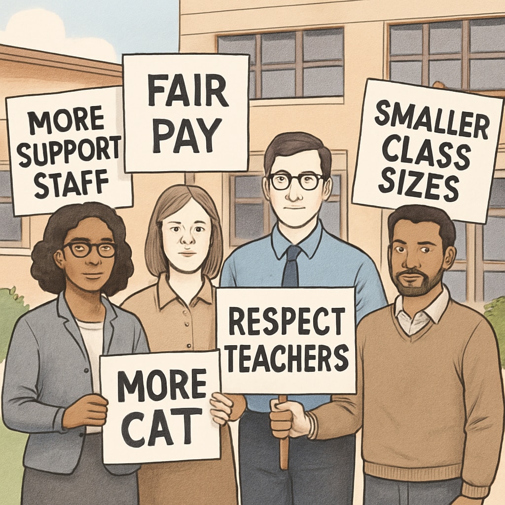 A group of teachers holding signs advocating for better working conditions outside a school building. Teachers protesting for better working conditions during a Teacherless Tuesday demonstration.