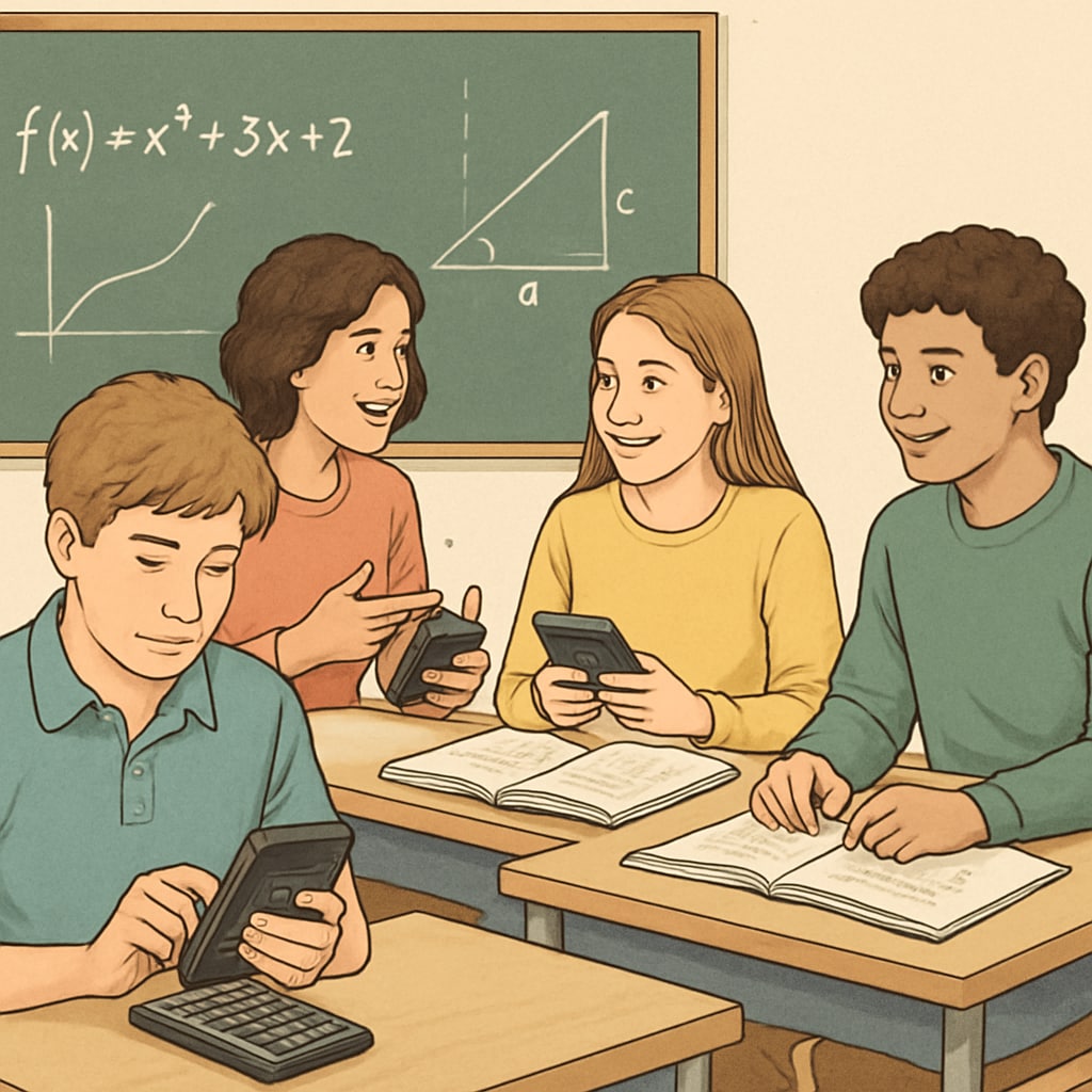 A classroom setting where students are using RPN calculators, engaging in group problem-solving activities. Students using RPN calculators in a classroom to enhance mathematical education.