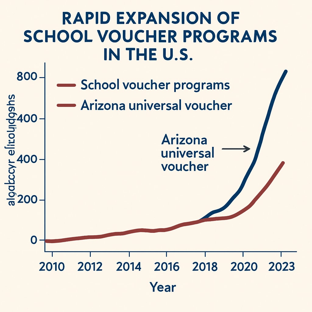 A graph showing the rapid expansion of school voucher programs in the United States, highlighting Arizona's universal voucher initiative. Graph illustrating the growth of school voucher programs in Arizona and other states.