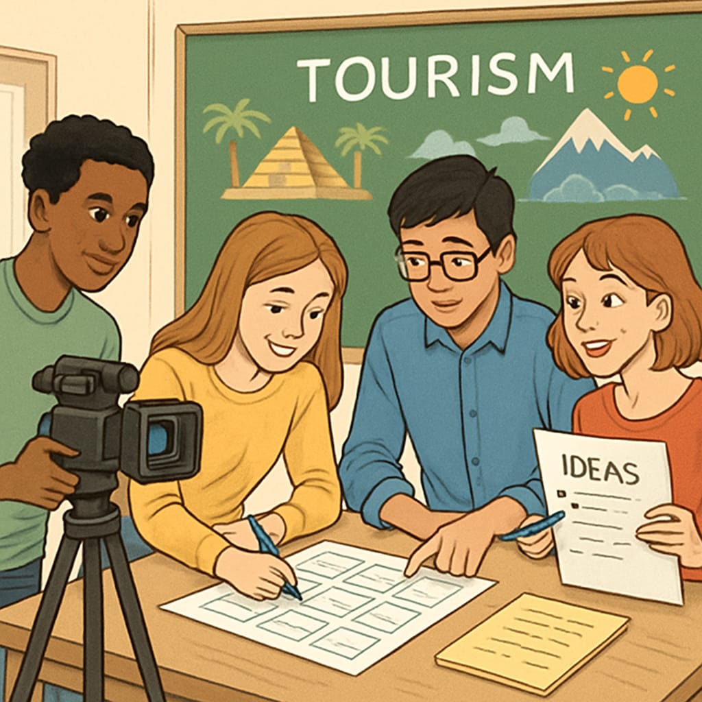 Students collaborating on a short video project about tourism, showcasing teamwork and creativity in education. Group of students creating a short video for a tourism-related school project.