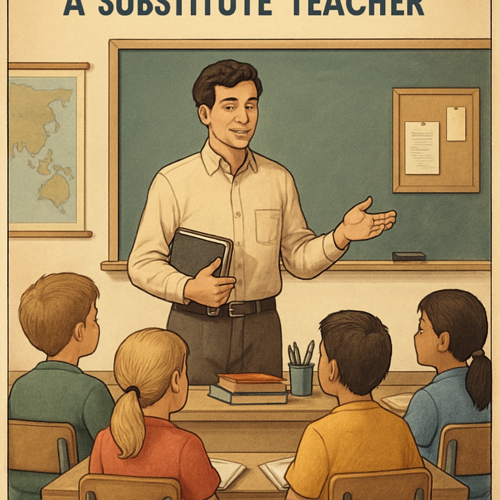 A substitute teacher managing a classroom of students, emphasizing the critical need for substitutes. A substitute teacher managing students, highlighting the need for more substitutes during teacher protests.
