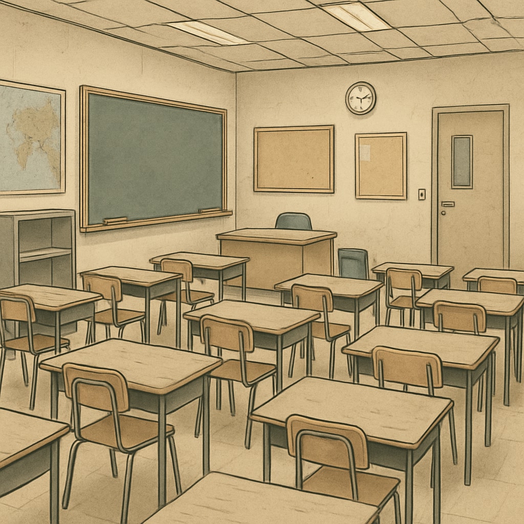 A public school classroom visibly affected by budget cuts, with empty desks or reduced resources. Image of a public school classroom struggling due to funding challenges caused by voucher programs.