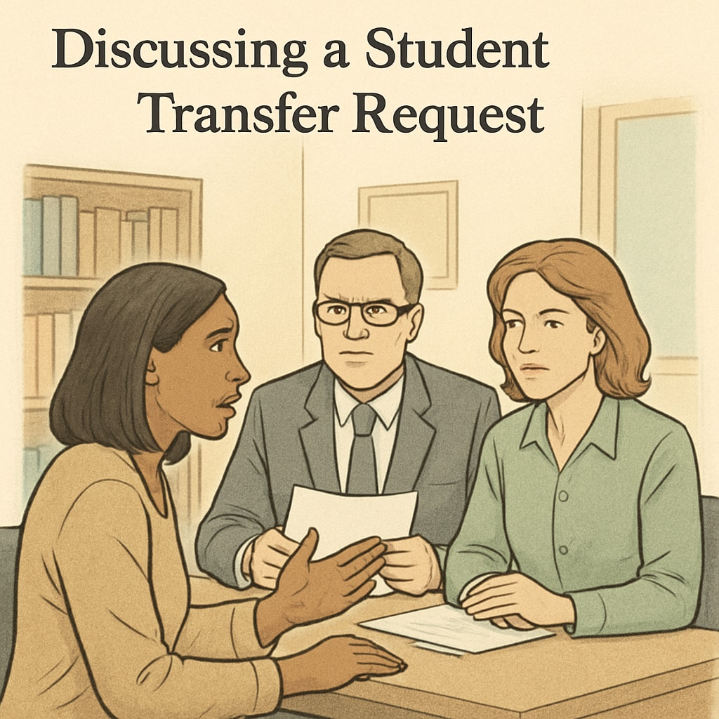 A concerned parent speaking with school administrators about a student transfer request. The image emphasizes the challenges families face during the transfer process. Parent and school administrators discussing student transfer issues.