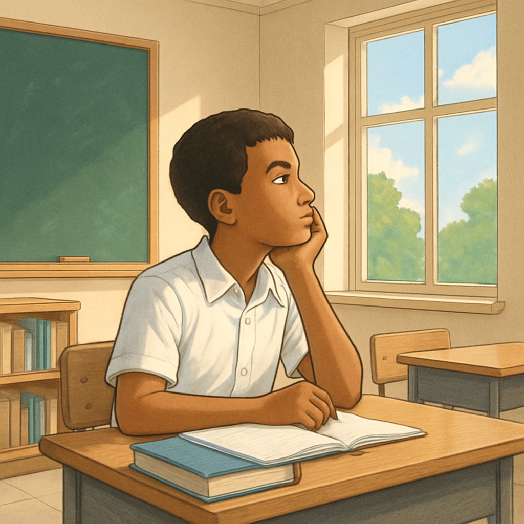 A student looking out of a classroom window, symbolizing hope for a better educational environment. This is a metaphorical representation of seeking growth opportunities. Student gazing out of a classroom window, symbolizing hope for better education.