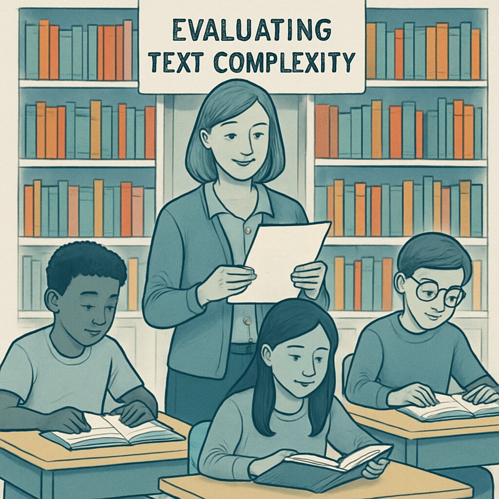 A teacher evaluating text complexity in a classroom setting, surrounded by books and students actively engaged in reading. Teacher assessing text complexity in a classroom with students reading.