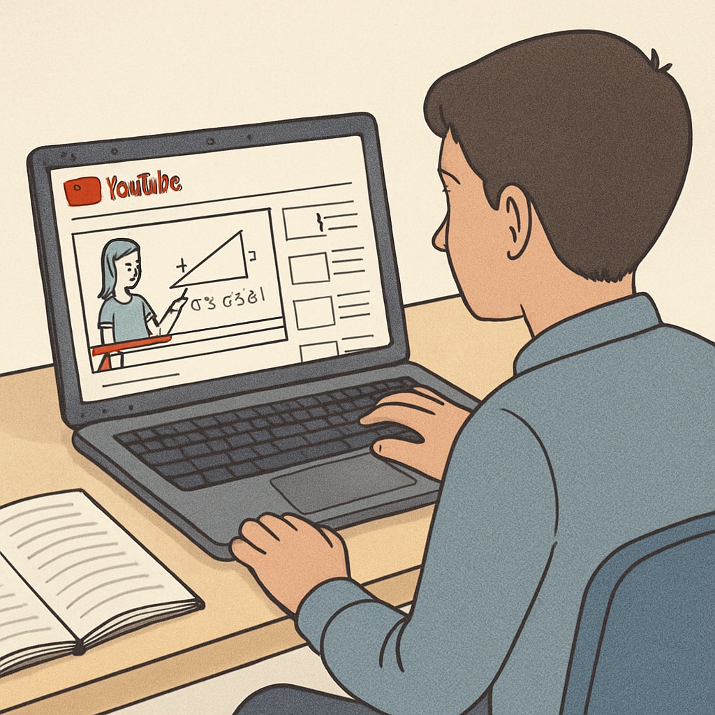 A student using a laptop with YouTube open, watching educational math videos. Student watching math tutorials on YouTube to prepare for campus recruitment.