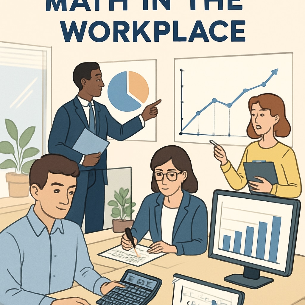 A visual representation of math concepts being applied in workplace scenarios, such as graphs or charts in an office setting. Math concepts applied in workplace scenarios, emphasizing career aptitude tests and foundational skills.