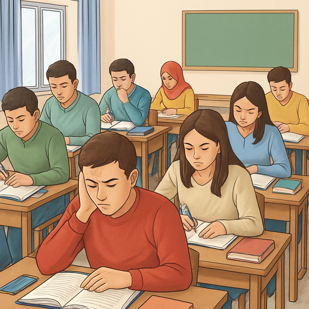 A classroom of Turkish students preparing for a centralized exam, conveying the intense focus on standardized testing. Turkish students preparing for a centralized exam, illustrating education system challenges.