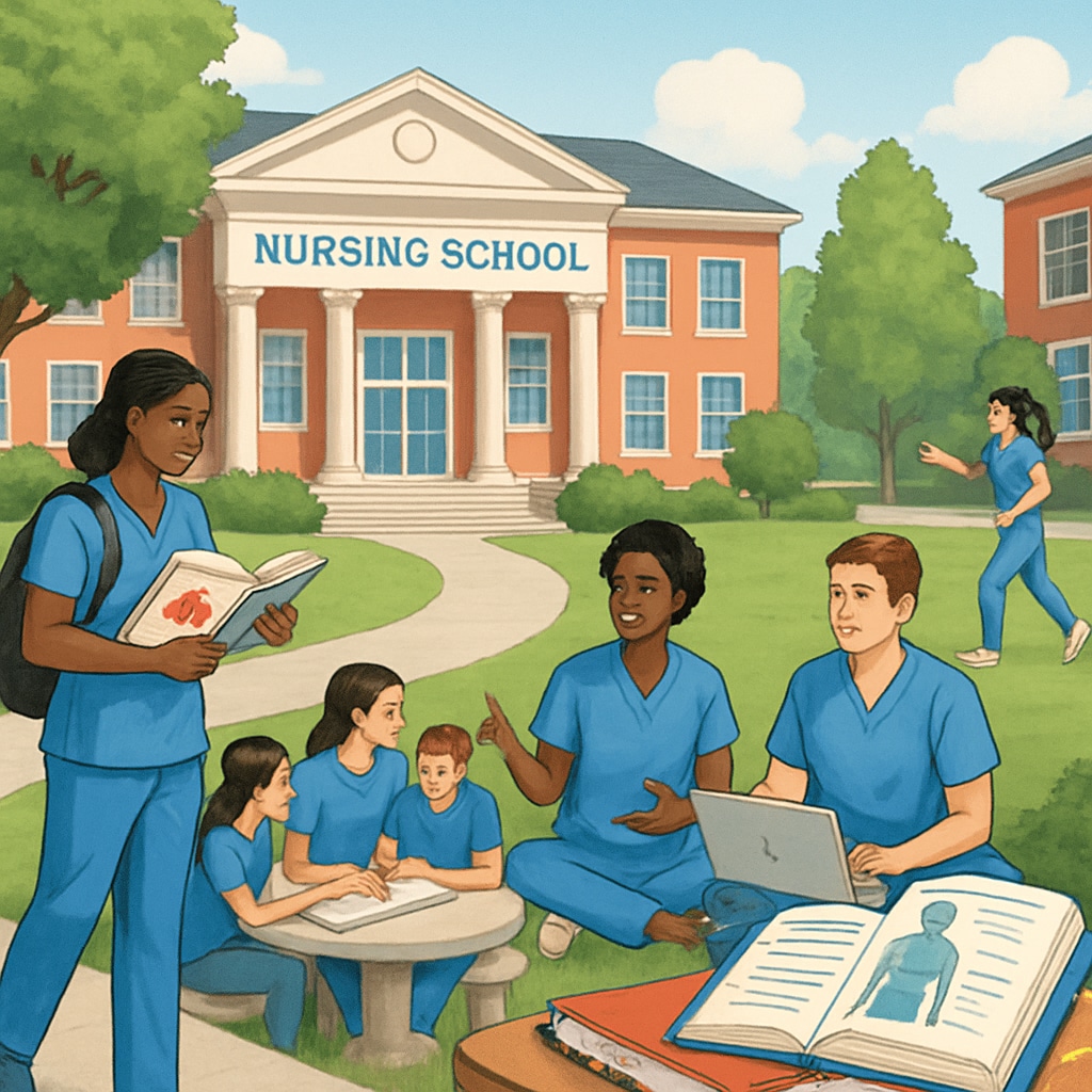 A vibrant nursing school campus with students engaging in both study and recreational activities. Nursing school campus demonstrating a balance between academics and campus life.