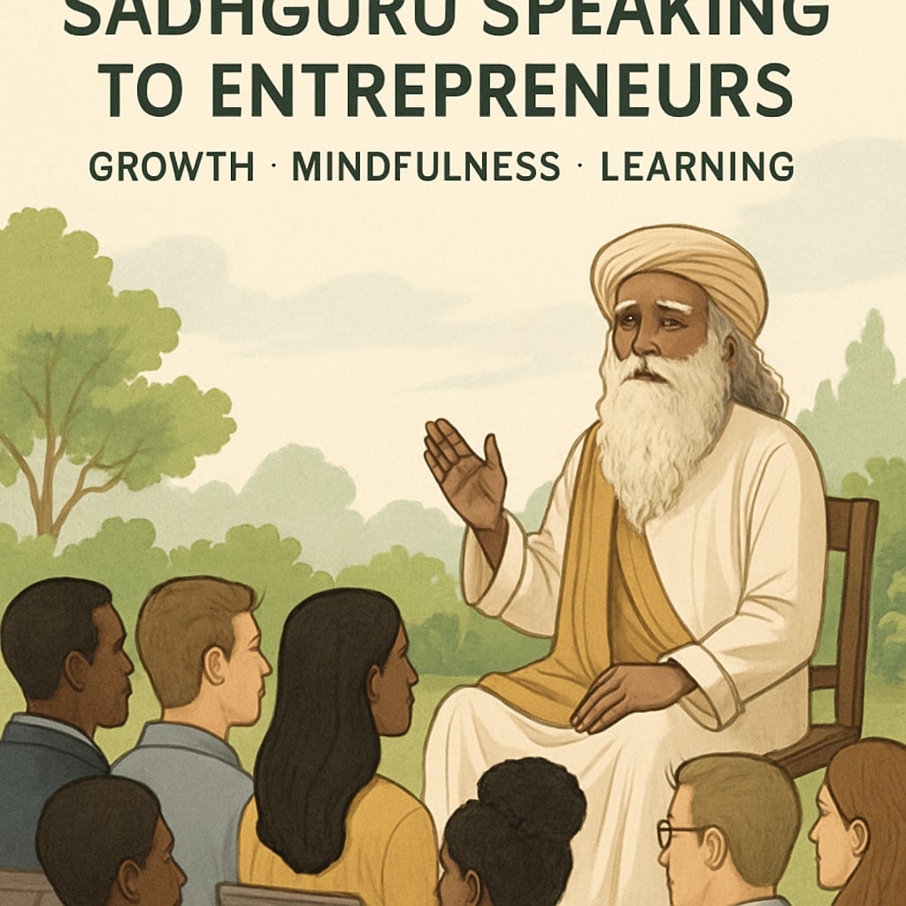 A serene image of Sadhguru addressing a diverse audience of entrepreneurs, symbolizing growth and mindfulness. Sadhguru speaking to a group of entrepreneurs about leadership and mindfulness.
