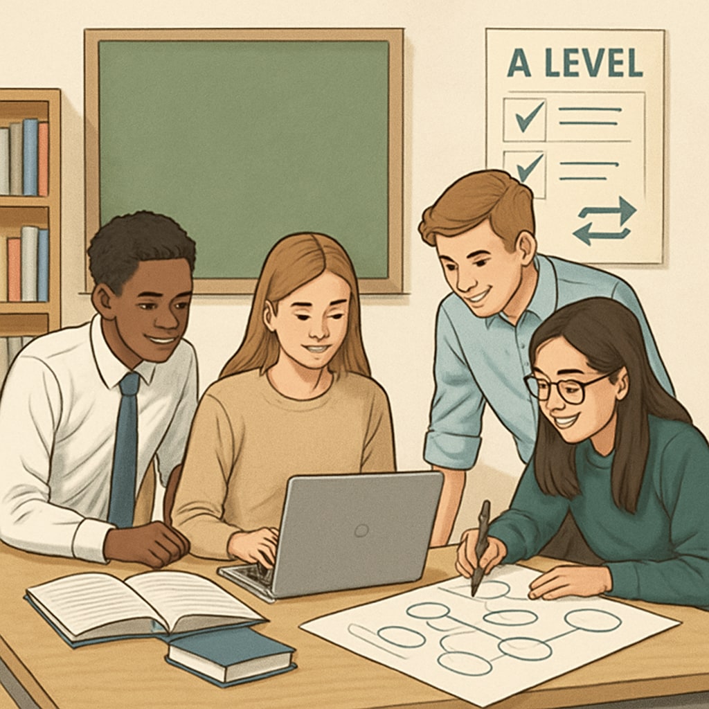 A group of British students collaborating on a project, highlighting the flexibility and student-centered nature of the A Level system. British students working on a collaborative project, demonstrating the flexibility of A Levels.