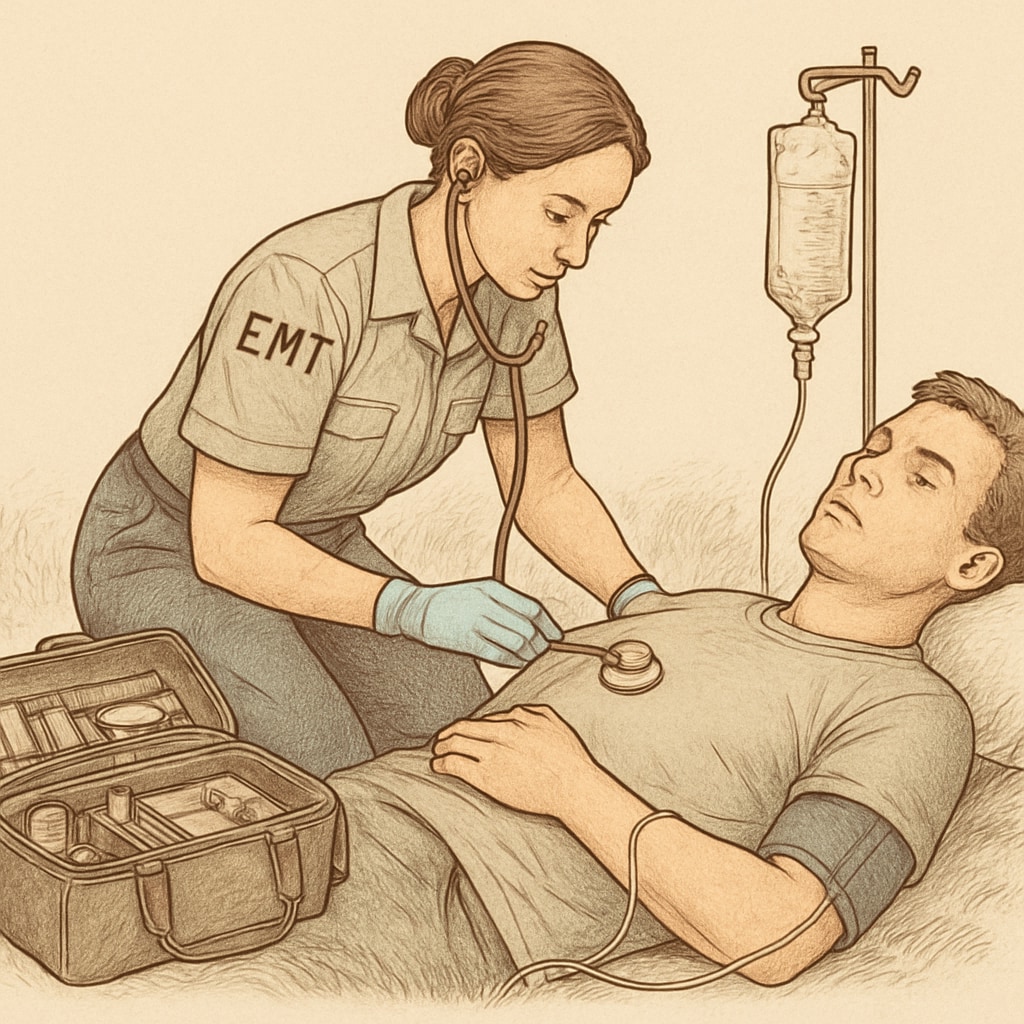 An EMT assisting a patient in a pre-hospital setting, showcasing transferable skills to nursing. EMT demonstrating emergency care skills applicable to nursing studies.
