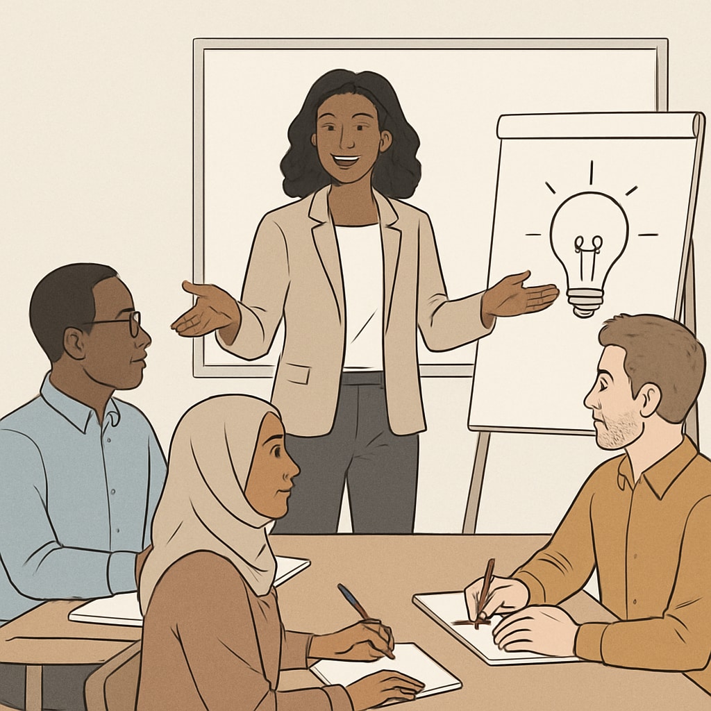An image of a female entrepreneur leading a diverse team meeting, demonstrating mindful communication inspired by Sadhguru’s teachings. Female entrepreneur practicing mindful communication techniques in a team setting.