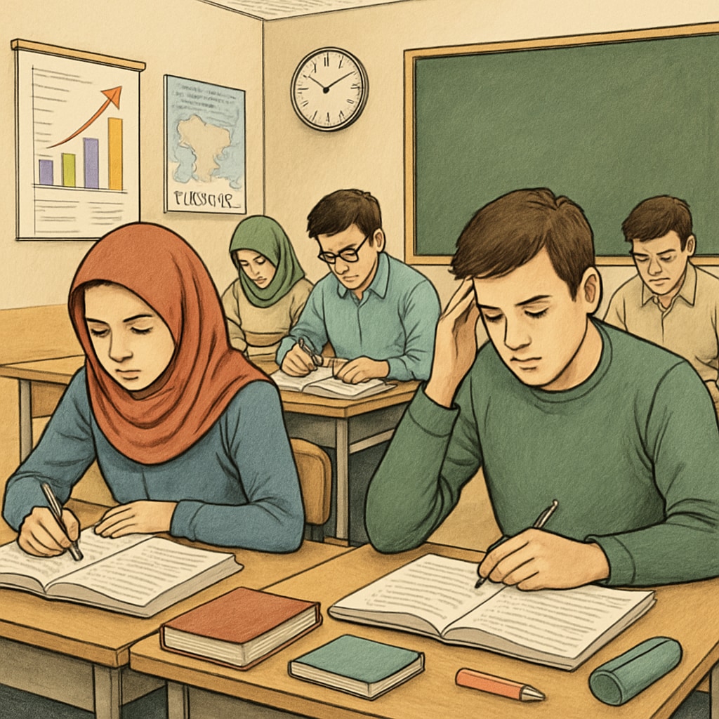 A classroom of Turkish students intensely preparing for a standardized exam, showcasing the high-pressure environment. Turkish students preparing for exams, highlighting exam-driven education.
