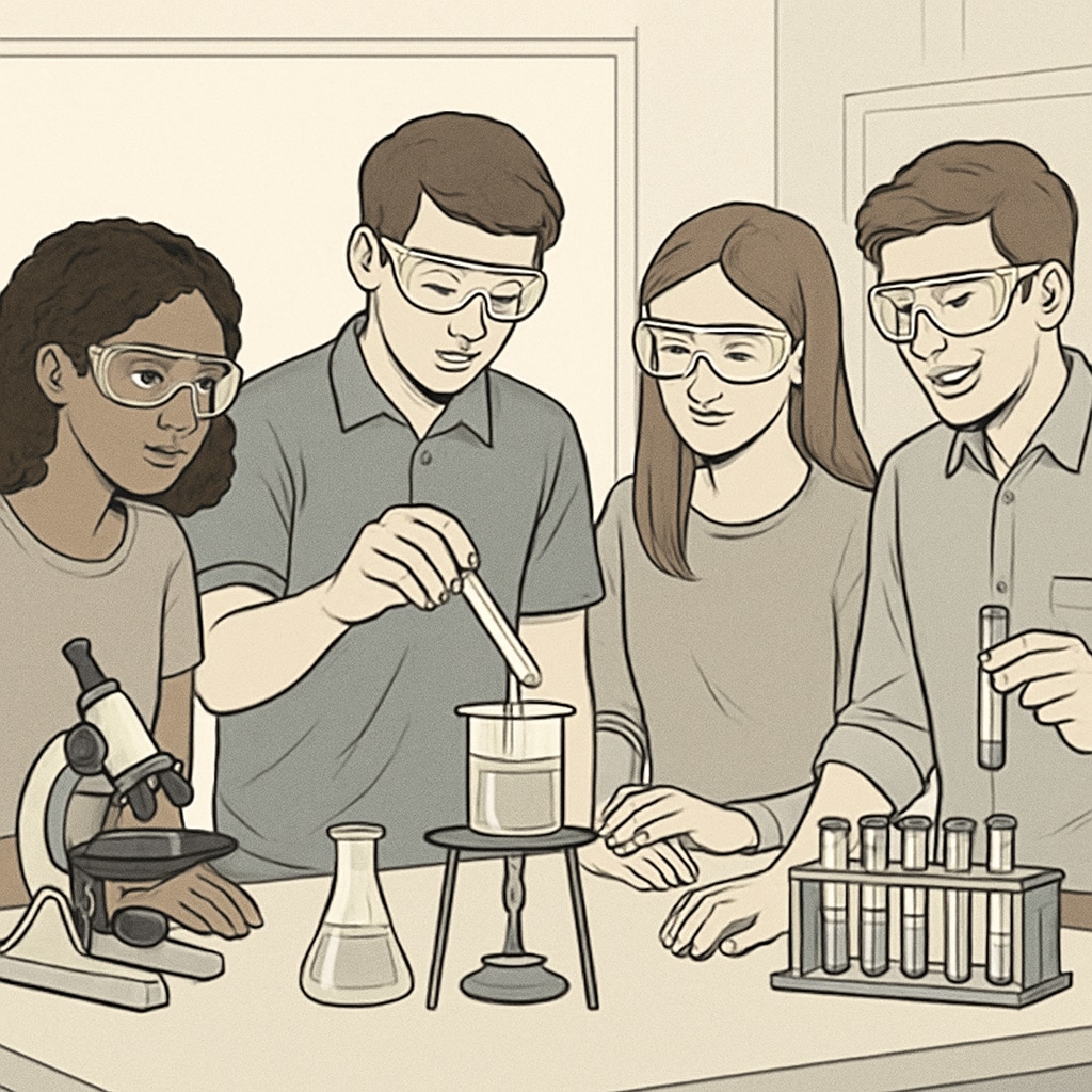 A group of A Level students engaging in a collaborative science experiment, emphasizing hands-on learning and student choice. A Level students conducting a science experiment, showcasing flexible learning.