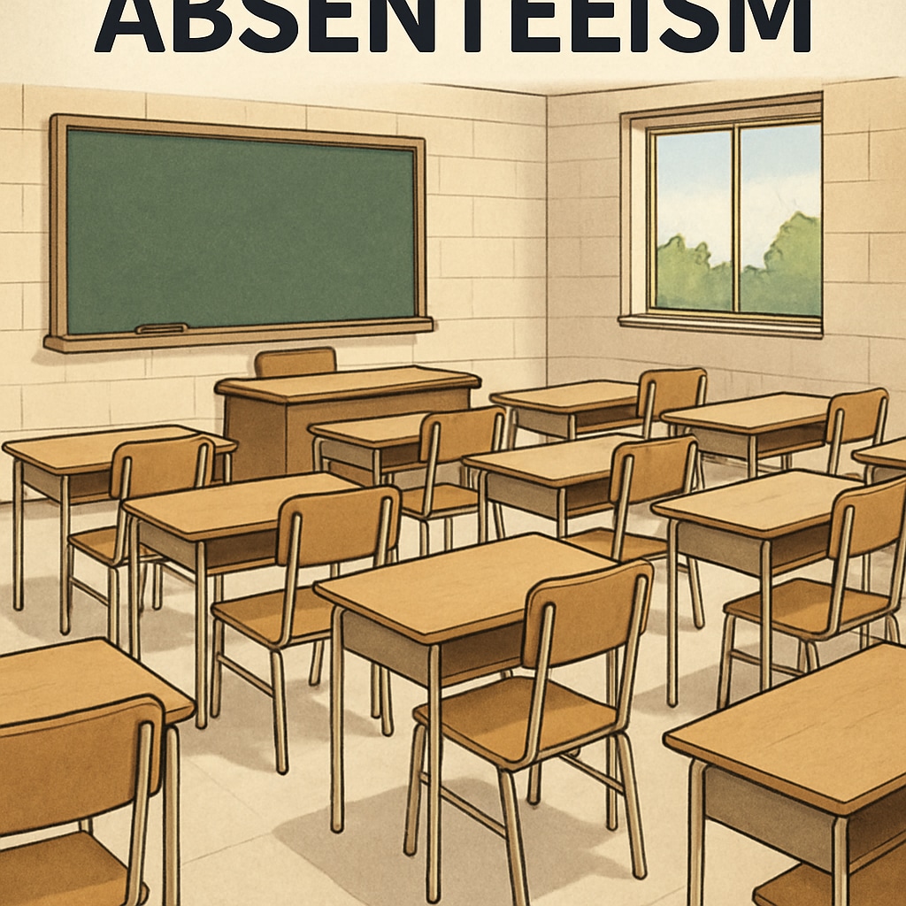 A classroom with empty desks, symbolizing absenteeism and its potential consequences in schools. Empty classroom desks representing absenteeism and attendance concerns.