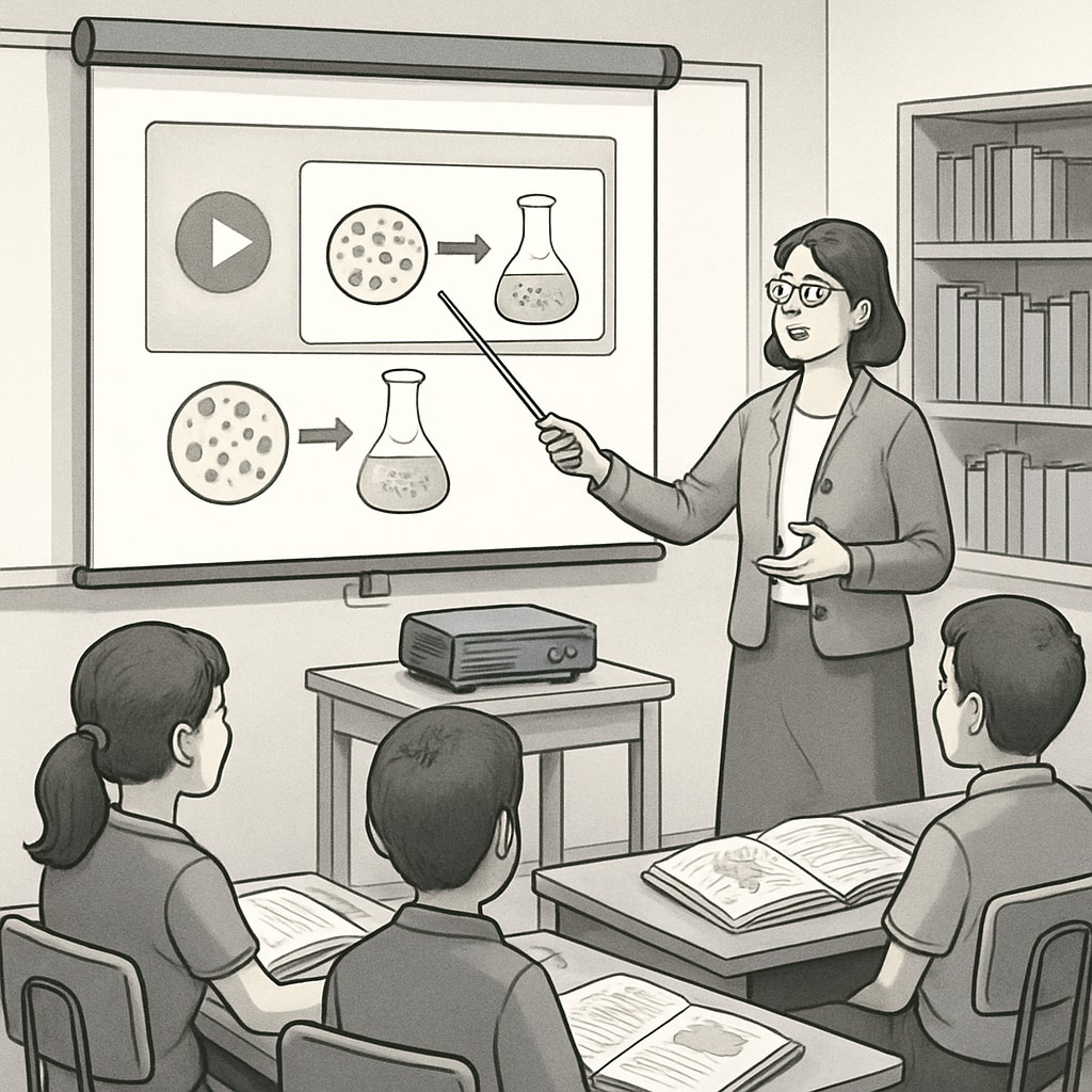 A teacher using short videos in a classroom setting to explain a scientific concept. Teacher leveraging short videos for K12 education in a classroom.