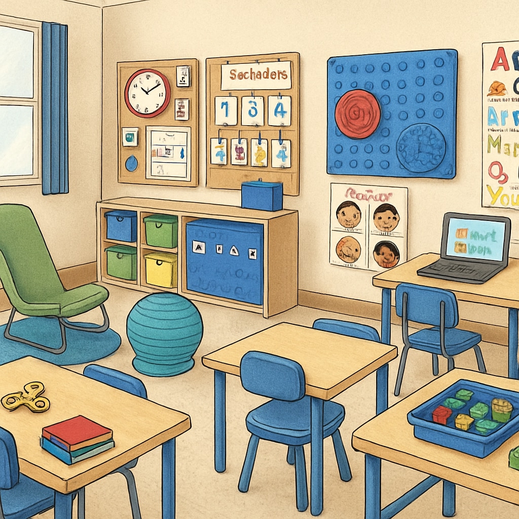 A classroom with specialized learning tools designed for students with ADHD and autism. Classroom equipped to accommodate special education needs like ADHD and autism.
