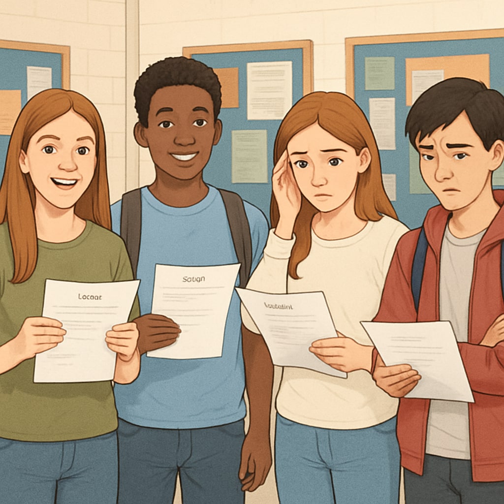 A group of teenagers looking at their exam results, with mixed expressions of joy and concern, representing the varied emotions tied to GCSE results. GCSE students reacting to their results, symbolizing self-doubt and academic growth.