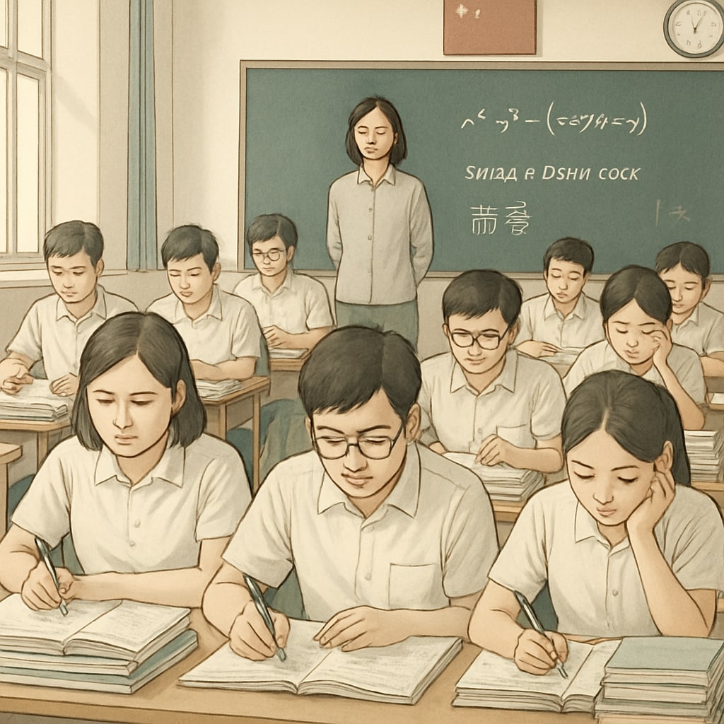 A classroom of students in China preparing for the gaokao, showcasing their intense focus and discipline. Chinese students in a classroom studying for the gaokao, representing the exam-oriented education system.