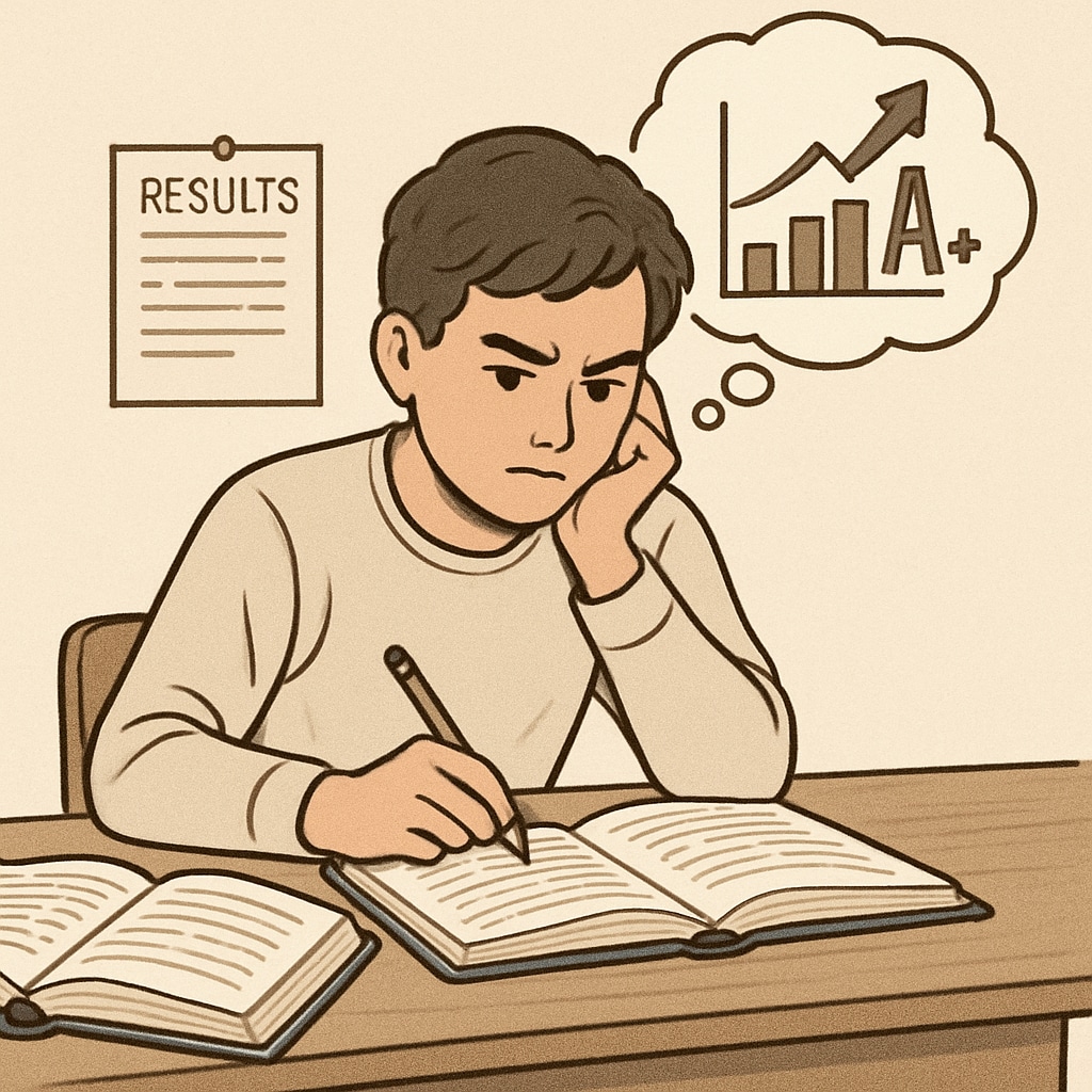 A student sitting at a desk with open textbooks, deep in thought, symbolizing resilience and planning for the future after GCSE results. A student planning their next steps after disappointing GCSE results.