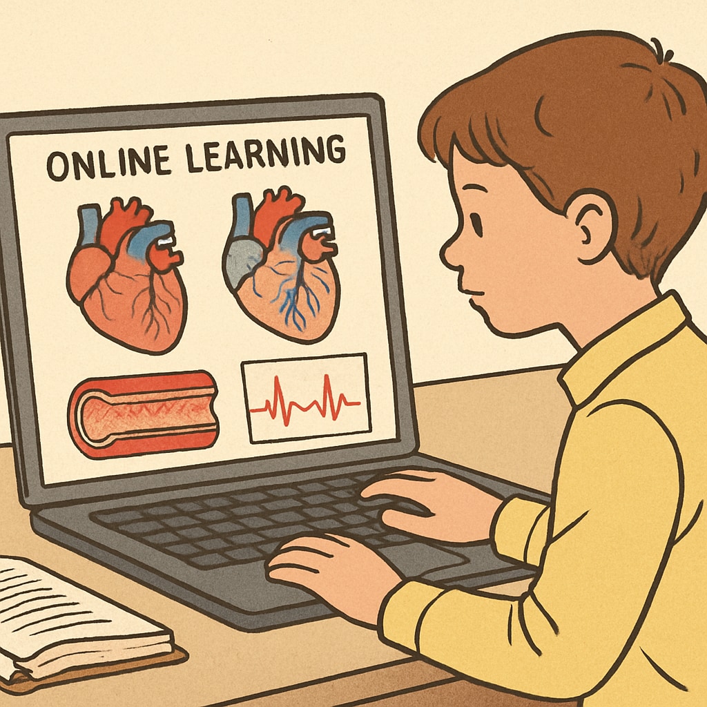 A young student studying medical diagrams on a laptop, representing online learning in cardiology. A K12 student learning cardiology through online medical courses.
